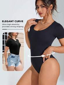 Women's Short Sleeve Bodysuit Tummy Control Shapewear Square Neck Body Suits Slim Fit - Black - View 5