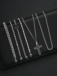 6pcs Fashionable Minimalist Business Men's Rhinestone Cross Bracelet & Stainless Steel Necklace Jewelry Set, Gift For Boyfriend, Daily Commute, Versatile - Silver - View 2