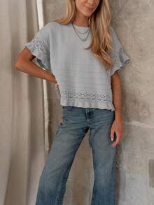 Women's Sweet Crochet Top, Short Sleeve Round Neck Sweater With Cute Ruffle Hem For Spring Summer - Xám - Xem 3