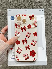Cute Y2K Style Bow & Cherry Blossom Print Matte White Phone Case, Minimalist TPU Shockproof Protective Cover Suitable For Daily Use/Dates/Gifts, Compatible With IPhone 16/17/17 Pro Max, Galaxy S25 Ultra - White - View 1