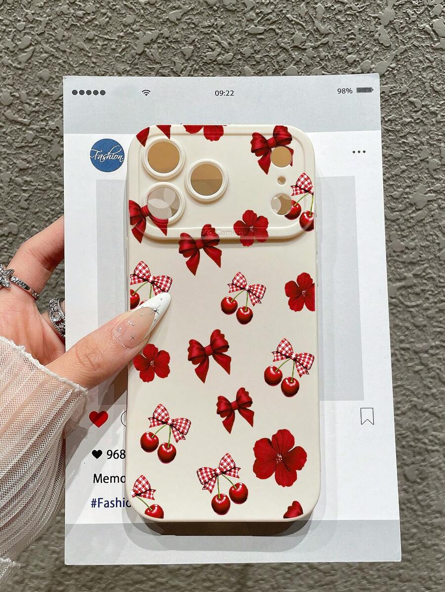 Cute Y2K Style Bow & Cherry Blossom Print Matte White Phone Case, Minimalist TPU Shockproof Protective Cover Suitable For Daily Use/Dates/Gifts, Compatible With IPhone 16/17/17 Pro Max, Galaxy S25 Ultra - White - View 1