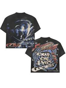 Black Tee With "Astronaut" Graphic, Retro Futuristic Fashion,Double-Sided Personalized Printed Pure Cotton Durable   Choice Versatile Short-Sleeved - 黑色 - 查看 7