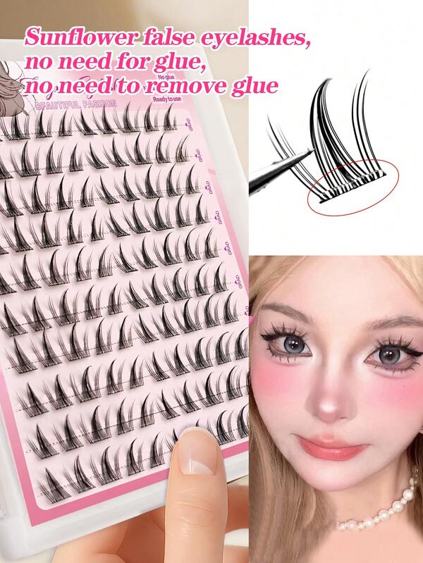 Waloshow 60-120 racimos/caja de pestañas postizas autoadhesivas, disponibles en múltiples estilos, efecto de maquillaje natural, con pegamento precargado, 10-12mm, kit de extensión de pestañas DIY, incluye pinzas, sin necesidad de pegamento, apto para uso diario, herramientas de maquillaje coreanas y japonesas, racimos de pestañas, pestañas postizas individuales