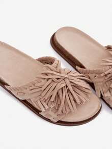 Ciabatte da donna eleganti e confortevoli Glorinna con frange, su suola piatta con sottopiede profilato, perfette per gli stili estivi beige e nere - Beige - Visualizzare 11
