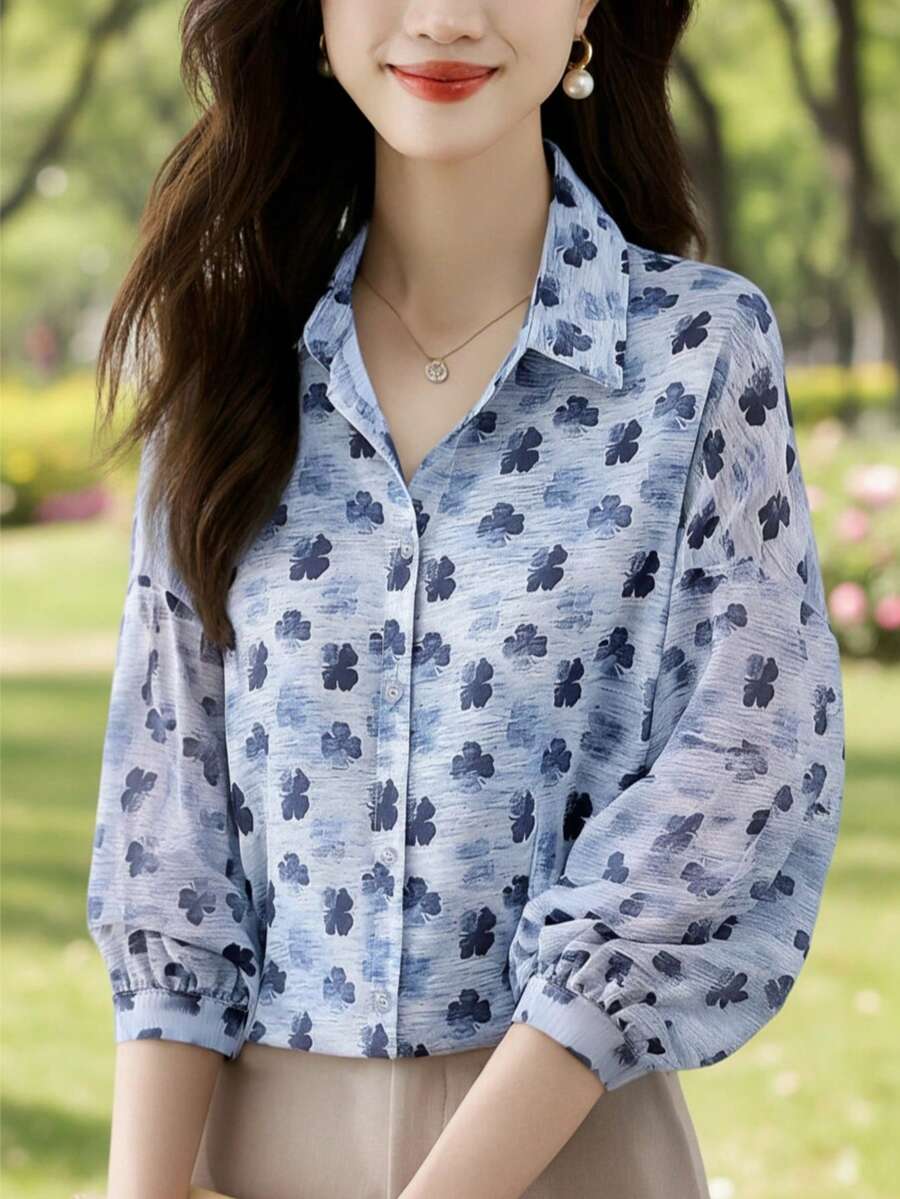女士复古蓝色碎花休闲单排扣长袖衬衫，优雅女士上衣，适合春夏穿着 - 彩色 - 查看 1