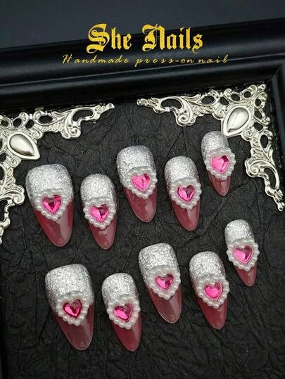 Cute Baroque Black Nails Valentine Nails Fake Nails With DIY 10pcs Sweet Heart Style Y2K Cute Medium Long Almond Shaped Acrylic Handmade French Tip Press On Nails: Pink Nails Sparkling Diamond And Small Pearl For Love Elements Decoration With Free Gel, A Must-Have For Sweet Cool Girls And Hot Girl Wear With Free Gel Sticker Nail File Nails Supplies.