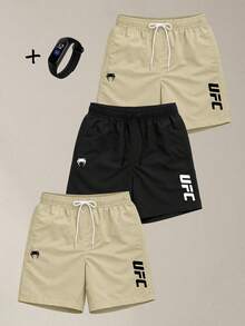 Kit Of 3 Men's Gym Shorts For Running And Training With Pockets - Tactel Fabric + Watch - BEIGE/ĐEN/BEIGE - Xem 1