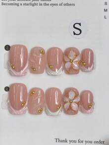 10片粉色镶边3D雕刻短方甲片，Y2K法式美甲裸粉色百搭手工美甲配件，配金色珠子，适合日常佩戴，按压式美甲贴片，手工按压式美甲 - 粉色 - 查看 7