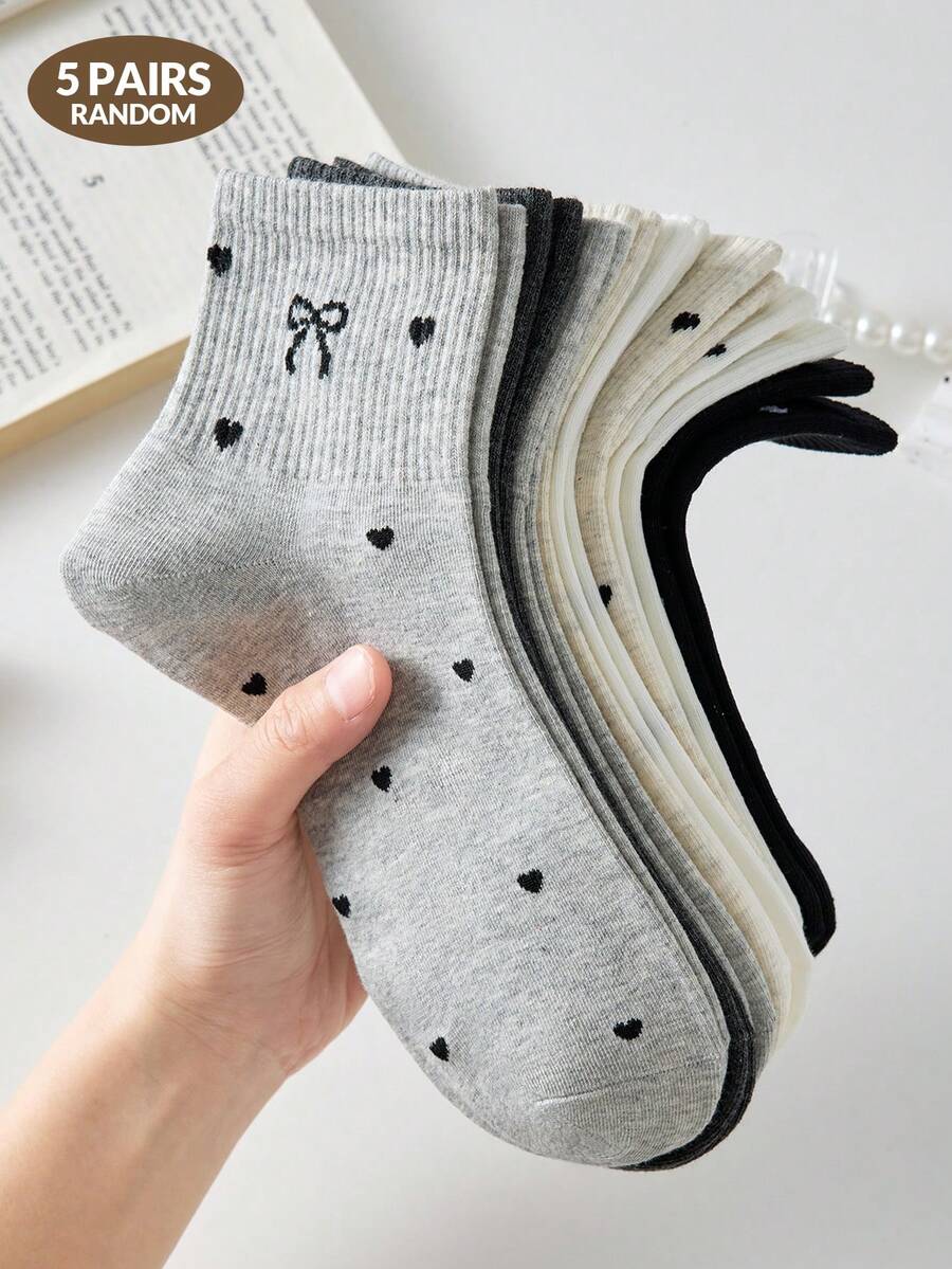 5 Pairs Women's Cute Heart & Bow Short Socks, White/Black Casual Comfortable Mid-Calf Socks, School Style Student Socks, Random Color Gift, Suitable For Daily Wear, Spring/Summer All Season - Multicolor - View 1