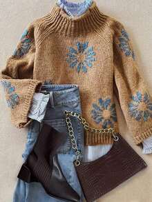 Autumn And Winter Fashion Casual Comfortable Warm Apricot Flower Pattern Knit High Neck Long Sleeve Loose Sweater Pullover - Màu Mù tạt vàng - Xem 7