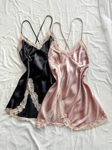 1pc Random  Lace Patchwork Women's Nightdress And Comfortable Pajama Set Women - Đen và Hồng - Xem 5