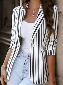 Chaqueta de blazer de manga larga a rayas de poliéster con solapas de pico y cierre de botones de longitud regular para mujer, primavera - Blanco y Negro - Ver 8