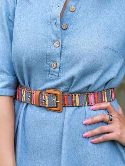 1条波西米亚风女士复古PU扣彩色条纹编织腰带，百搭休闲连衣裙、衬衫、牛仔裤，适合日常、旅行、派对、海滩、生日/节日礼物
