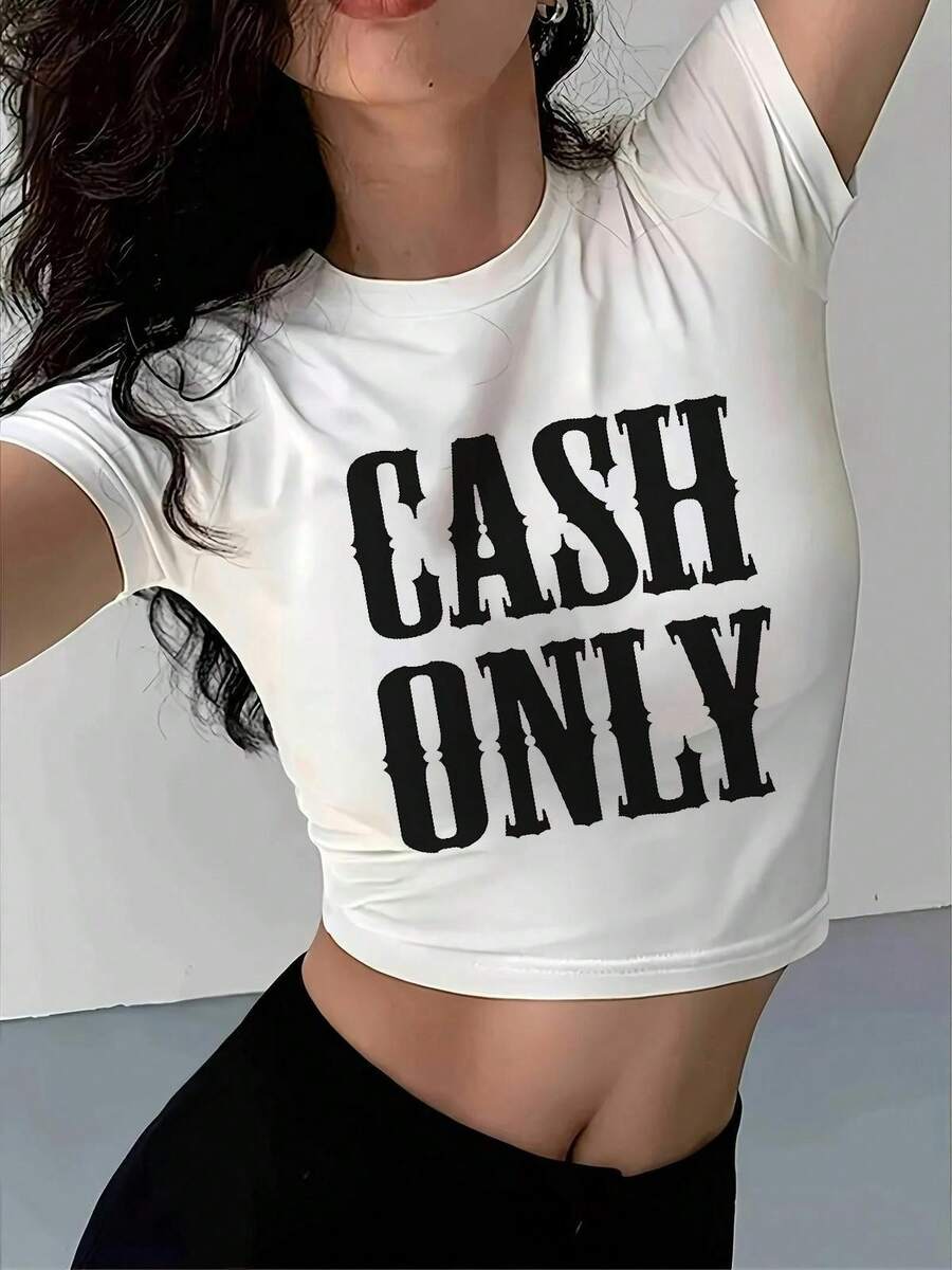 Women's Cash Only Cropped T - Shirt, Short Sleeve Crew Neck Slim Fit Soft Stretch Top For Casual Streetwear, Party, Y2K Style - trắng - Xem 1