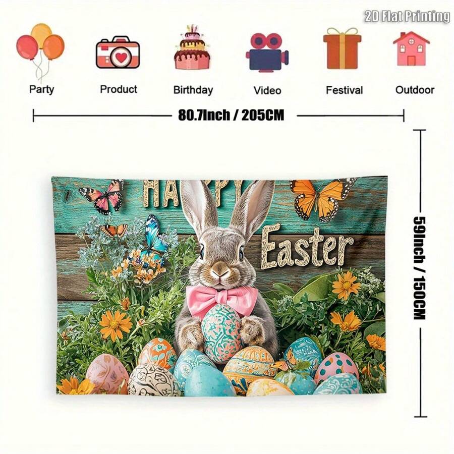2D Flat Top Selection, 1 Piece Easter Bunny Basket Photography Background Cloth  Using 2D Flat Printing Technology, Bright Floral Patterns Paired With Rustic Wood Grain Background, Suitable Easter, Birthday Parties, Weddings, Garden Gatherings, And Various Other Occasions Durable Decoration.New Tab Page Opens, 2D Flat Style - Multicolor - View 1