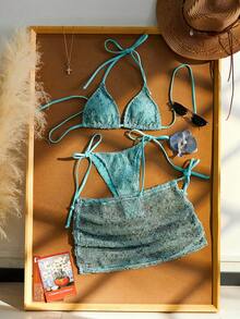 Valentine's Day Women's Summer Beach Bikini Set, Crochet Halter Tie Back Bikini, Bohemian Crochet Vacation Dress, Women's Beach Outfit Bikini 3-Piece Set, Suitable For Beach, Leisure, Vacation And Pool Party - Mint Blue - View 2