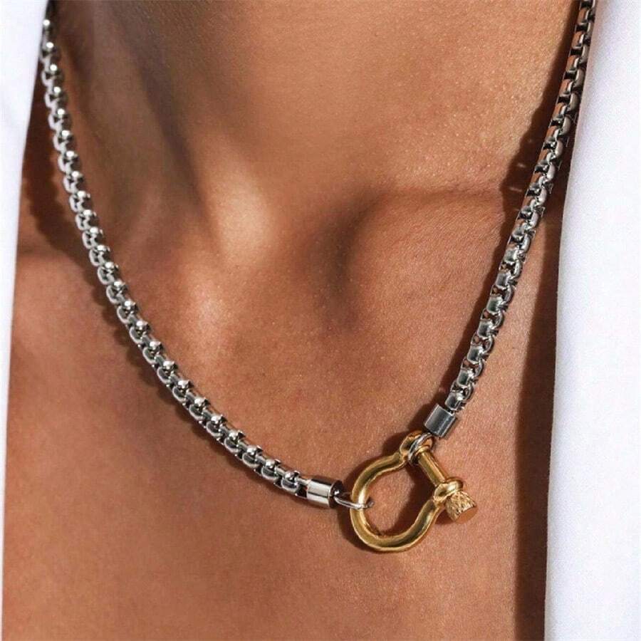 1pc Women's Fashionable Horseshoe Clasp Necklace, Versatile Casual Personalized Nautical Clasp Choker Necklace - Buckle Necklace - View 1