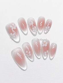 10pcs/Set Diy Handmade Pink Blooming Effect And White Carving Flowers Cats Eye Effect Desgin Nail Art Decoration, Including Short Coffin Shape Fake Nails, 1pc Jelly Gel And 1pc Nail File, Perfect For Spring/Summer Daily Life And Coachella Party Outfits Press On Nails Nail Supplies Handmade Press On Nails - Multicolor - View 9