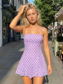 Women's Dots Print Mini Dress Sleeveless Spaghetti Strap A-Line Dress Summer Casual Dress - Purple - View 5