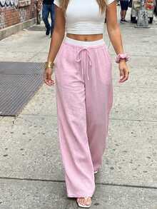 Summer Pink Woven Wide Leg Pants For Women, New Loose Waisted Slimming Straight Casual Long Trousers - Baby Pink - View 8