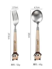 304 Stainless Steel Cartoon Raccoon Shaped Fork & Spoon With Plastic PP Handle, Children's Tableware, Household - Silver - View 9