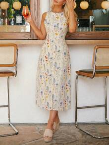 Women's Elegant Sleeveless Printed Dress, Front Button Design, Woven Fabric, Elegant Summer Dress For Women, Elegant Party Dress Vacation - Multicolor - View 6