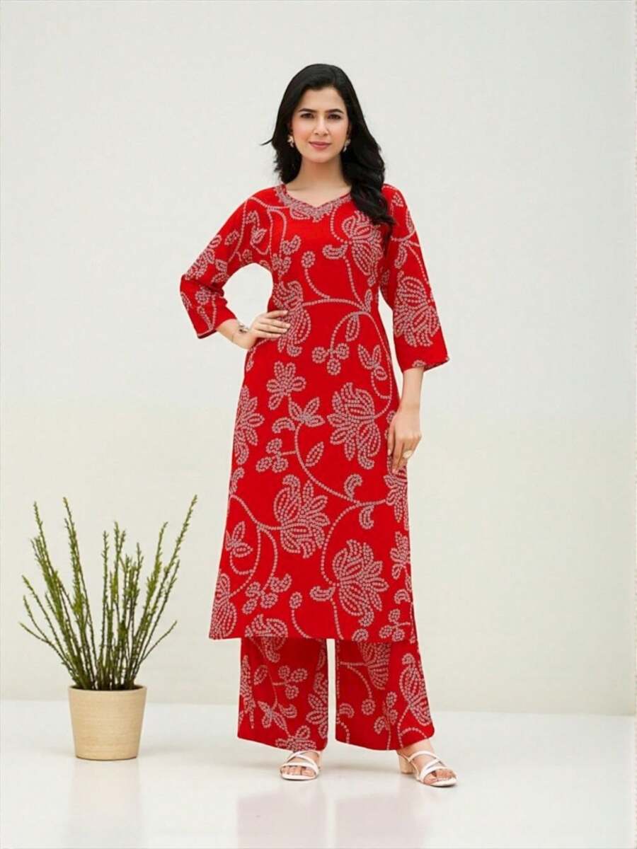 Rayon Printed Traditional Two Piece Kurti Set, Cultural Wear For Women - 彩色 - 查看 1