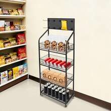 4 Tier Retail Display Rack Stand, Snack Candy Display Organizer With 10* Hooks Snack Rack, Basket Stand Cart - Black - View 1