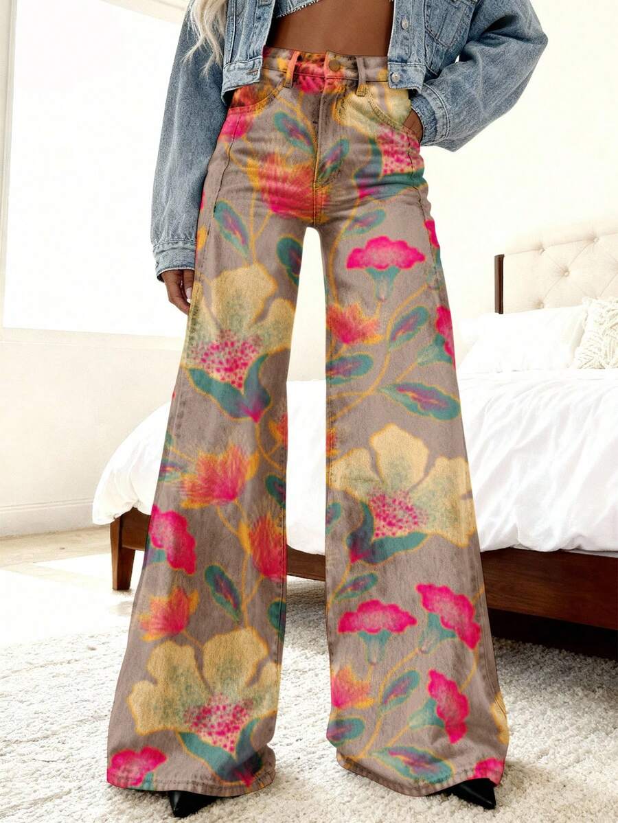 3D Floral Pattern With Pink Yellow And Green Accents Women's Imitation Jeans Autumn And Winter Cowboy Attire High-Elastic Slim Fit Embroidery Design Formal Women's Wear - 彩色 - 查看 1
