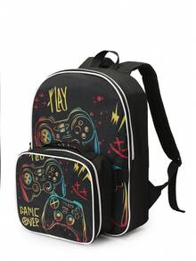 Kids' Fashion Backpack & Lunch Bag Set, Race Car Design, Classic Art Illustration, Adjustable Padded Shoulder Straps, Zipper Closure, Reusable Lunch Box, Suitable For Boys - Black - View 6