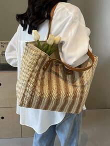 1pc New Women's Shoulder Tote Bag, Straw Craft Striped Pattern, Elegant Fashionable Versatile Casual Commute Gift, Large Capacity Stylish Bag - Khaki - View 3