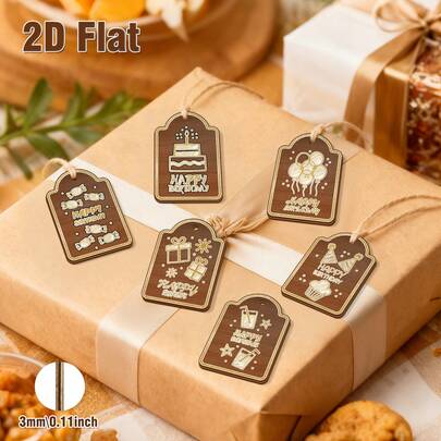 【6件套木质生日主题礼品标签】包含6个标签和麻绳，采用3毫米厚实木制成，品质优良，经久耐用，共有6种独特的生日主题图案。标签上预留了挂孔，可搭配麻绳悬挂，适用于礼品包装、墙面装饰、派对布置等多种用途。它既是引人注目的装饰品，又可作为软装点缀，提升生日庆祝氛围，让派对布置更加温馨隆重。