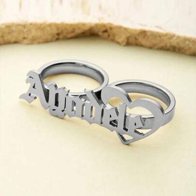 1pc Personalized Stainless Steel Name Ring, Custom Engravable Couples Two-Finger Ring, Minimalist Two-Finger Design With Name/Message, Valentine'S Day, Birthday, Mother'S Day Gift, Durable Everyday Jewelry For Him & Her