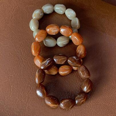 3pcs Vintage Boho Thick Multi-Layer Brown Acrylic Beaded Bracelet & Gold Nugget Bracelet Set, Luxury High-End For Women, Couples, Party, Daily Wear