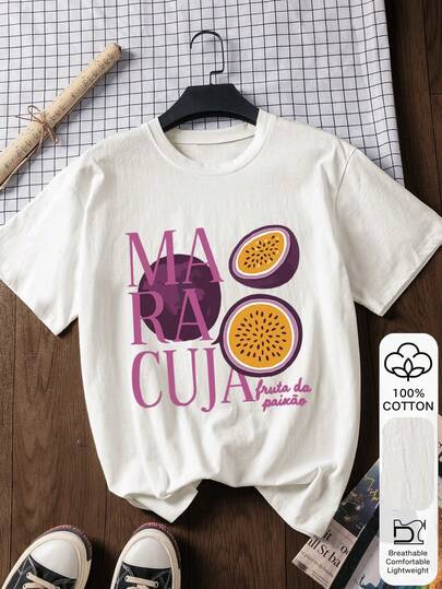 100% Cotton Fruit Letter Print Short Sleeve T-Shirt, Retro Sporty Style, Suitable For Chinese New Year, St. Patrick's Day, Back To School Season, Women's Vacation Wear, Women's Valentine's Day, Women's Summer, Spring, Summer Top, Business Casual Women's Wear, Women's Blouse White