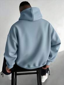 Men's Casual Minimalist Solid Color Kangaroo Pocket Drawstring Hoodie, Suitable For Autumn/Winter Daily Commute - Baby Blue - View 2