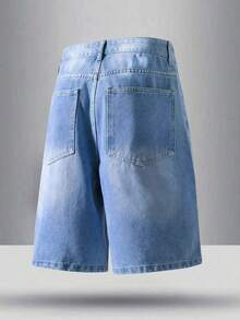 NVFelix Women's Loose Straight Leg Denim Shorts, Vintage Wash, Elegant & Fashionable, Y2K Streetwear Style, Blue, Perfect For Summer And Valentine's Day, New Arrival - Blue - View 5