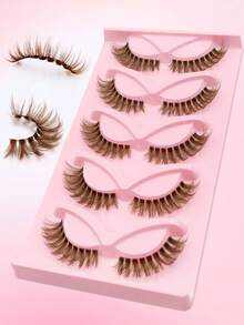 Rikuaild 5 Pairs Brown Cat Eye False Eyelashes, Transparent Band Natural Foxy Eyes Brown Faux Mink Lashes Soft & Comfortable, Fluffy Striped False Lashes For Natural Makeup, Eyelash Extension, Christmas & New Year Gift - 眼尾拉長款 - 查看 4