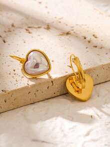 一对可爱甜美的心形仿珍珠耳坠，18K镀金不锈钢材质，女士通勤、约会、派对配饰、节日礼物 - 愛心 - 查看 5