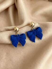 1 Pair Blue Flocked Bow Earrings - Minimalist, Fashionable, Versatile, Cute, Sweet, Gentle, High-End Design, Showcasing Elegance, Sophistication And Charm. Suitable For Women To Wear On New Year, Valentine's Day, Daily Or Special Occasions. - Blue - View 4
