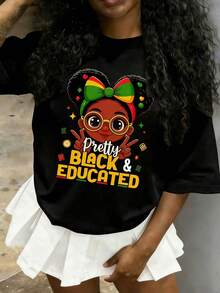 Girls & Teenagers Students Casual Printed Black Crew Neck Short Sleeve T-Shirt Top, Summer - Black - View 1