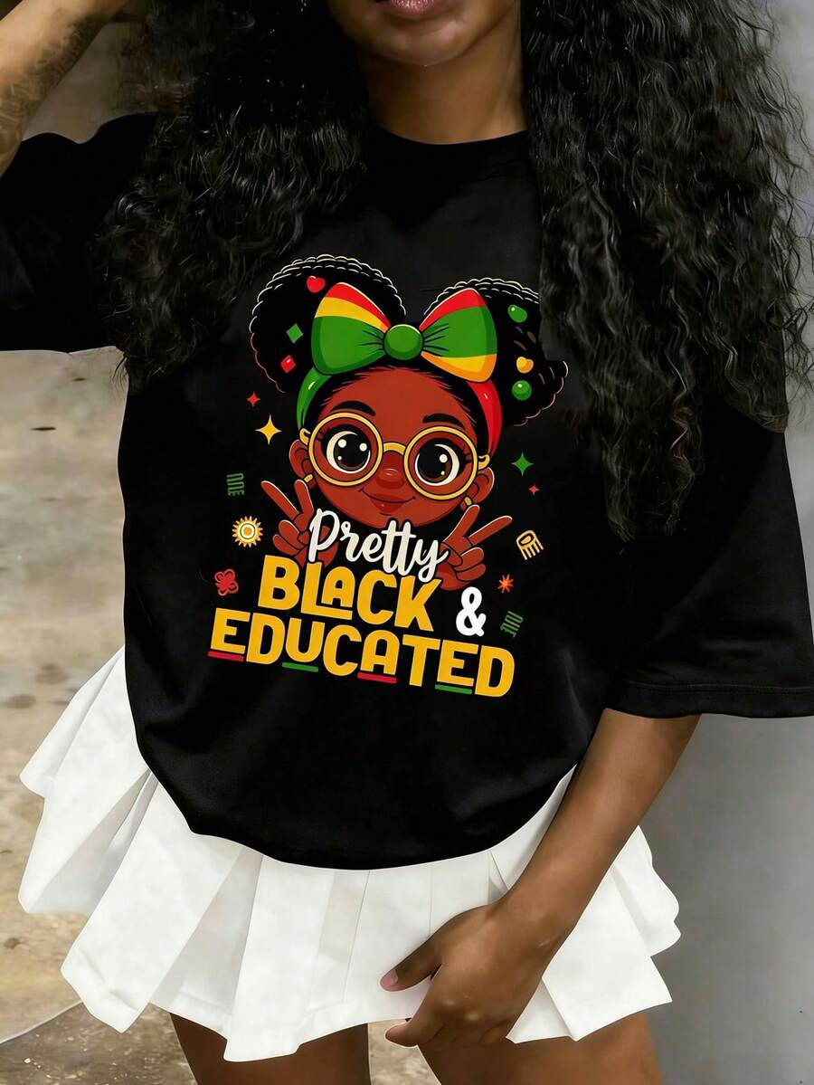 Girls & Teenagers Students Casual Printed Black Crew Neck Short Sleeve T-Shirt Top, Summer - Black - View 1