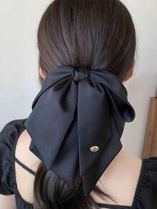 Minimalist Elegant Black Satin Bow Hair Claw Clip, Luxury Gold Label, Volumizing - Black - View 7