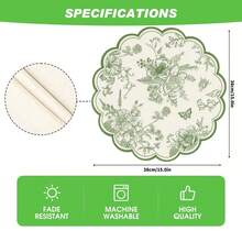 1pc/Set Green Floral Linen Round Placemat, 38cm, Seasonal Kitchen Dining Table Decor Mat, Spring Home Decor, Spring, Wedding Home Decoration - Multicolor - View 4