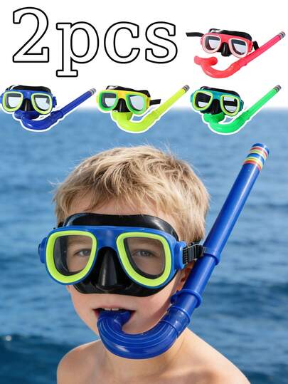 2pcs/Set 3-14Y Kids Snorkel Set, Unisex Children Swimming Goggles Anti-Fog Diving Mask And Dry Top Snorkel Combo Set, Suitable For Snorkeling, Diving, Swimming, For Kids And Teens