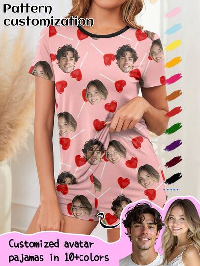 Printstory Customized Women's Short Sleeve Pajama Set, Can Print Any Pattern, Personalized Pajamas With Photos, Funny Customized Images Comfortable Sleepwear. Suitable For Valentine's Day, Birthday, Gifts, Personalized, Colorful, Cute, Witty, Unique, Exclusive, Ideal Girlfriend Gift, Suitable For Girlfriend, Family, Friends, Elders, Fashionable For Autumn, Holiday Party