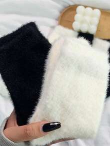 5 Pairs/3 Pairs Solid Color Faux Fur Warm Socks, Soft & Stretchy, Suitable For Daily Casual And Outdoor Activities, Great Gift For Autumn/Winter And Early Spring - White - View 7