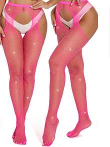 Sexy Rhinestone Fishnet Pantyhose, Hollow Out Sheer Tights, Clubwear - Hot Pink - View 2
