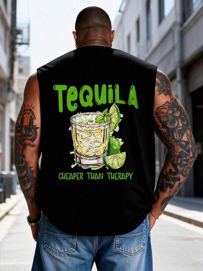Große Größen AnChiStreetwear - Modische Ärmellose Tanktop mit Tequila-Muster für Herren, geeignet für Straße, Outdoor, Urlaub, täglichen Fitness-Weg, vielseitig einsetzbar