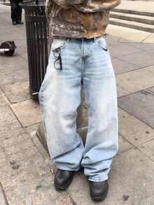 男士浅蓝色水洗牛仔裤，复古街头风宽松直筒裤 - 薄荷藍 - 查看 1